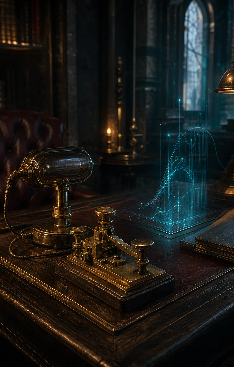 A Victorian telegraph desk fused with a restrained holographic transmission interface